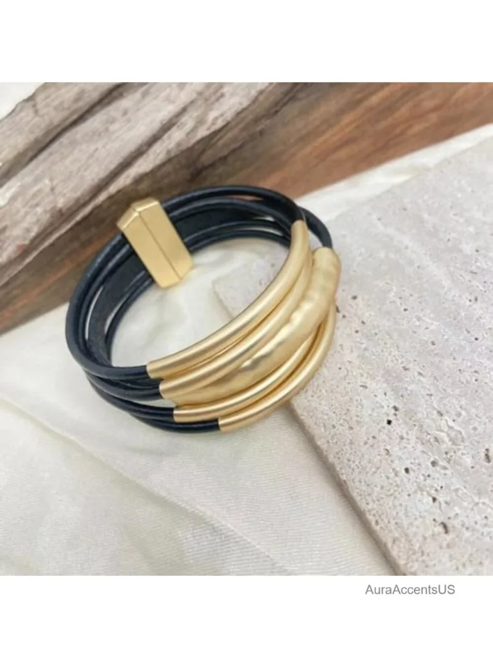 Leather Wrap Bangle Bracelet Gold Plated Boho Cuff Women Gift
